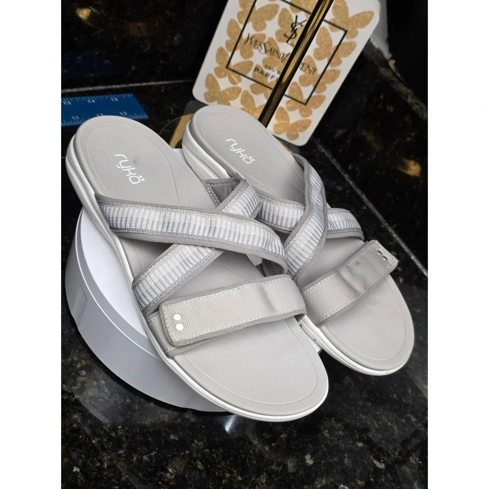 Ryka Sage Sandals 9M Grey Q-Contour Footbed Athletic Slide Strappy Walking